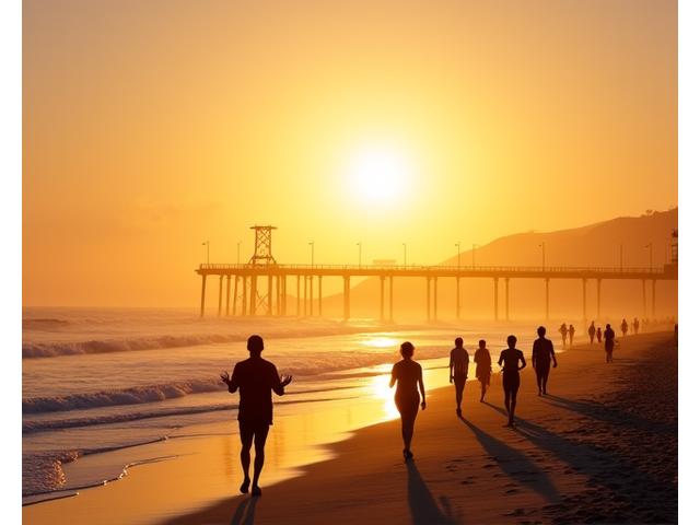 Scenic view of Santa Monica pier and beach at golden hour, with people doing outdoor yoga.