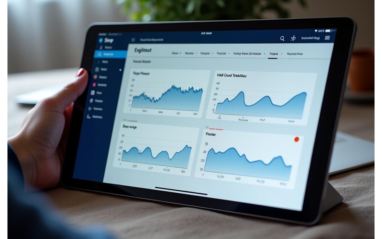 Dashboard interface displaying sleep data graphs, heart rate, and sleep scores on a tablet or computer screen, showcasing personalized analytics.