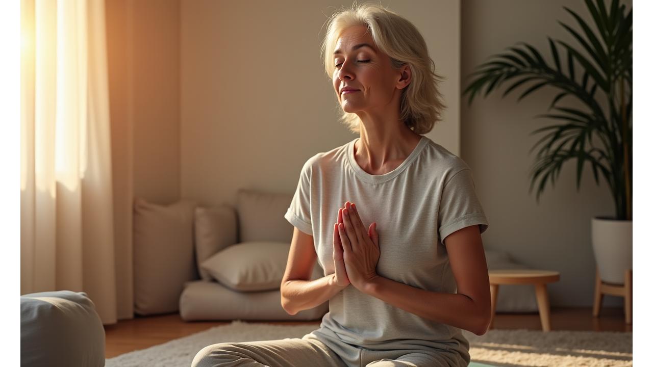 Person meditating or practicing gentle yoga in a peaceful, softly lit room, embodying relaxation before sleep.
